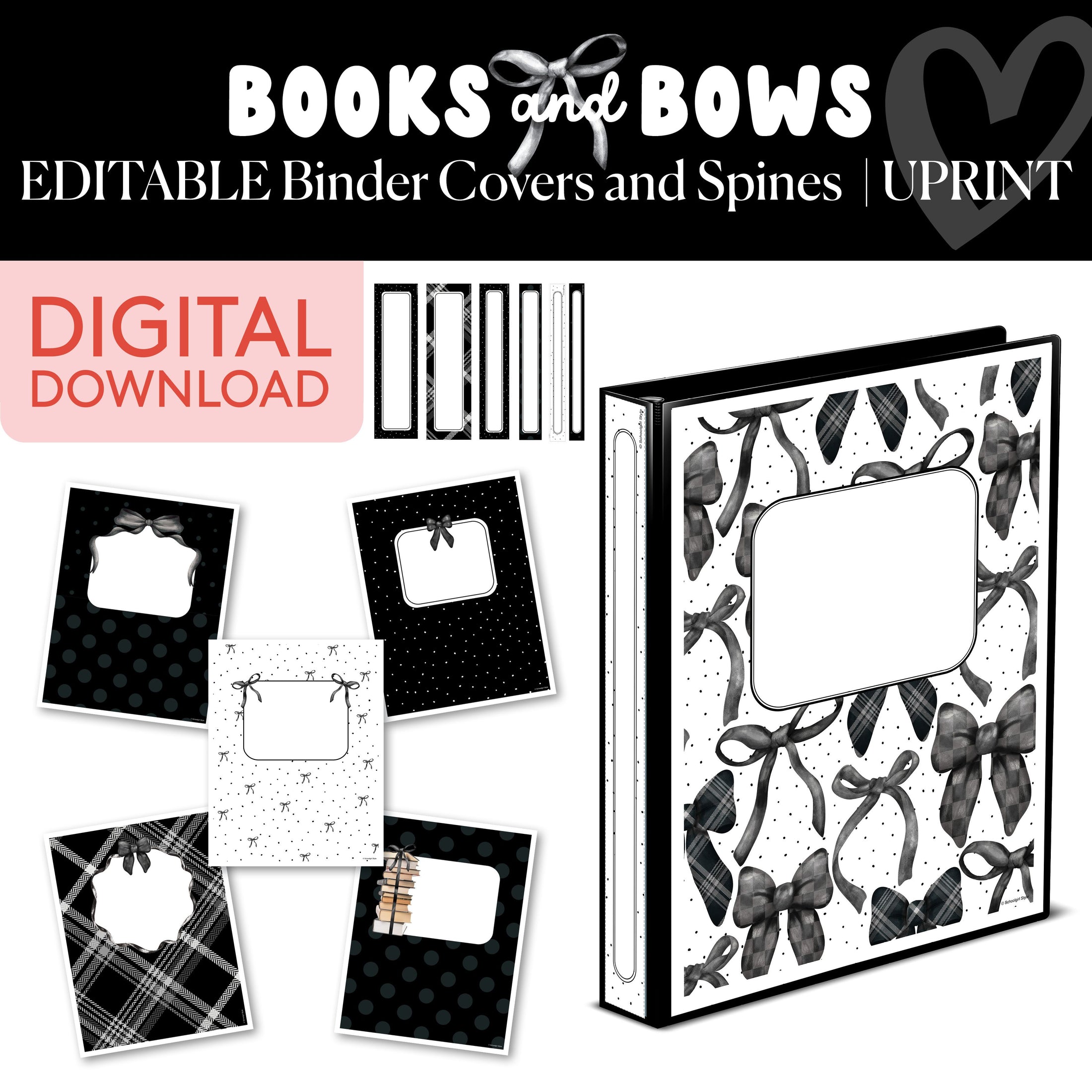 Black and White Editable Printable Binder Covers and Spines