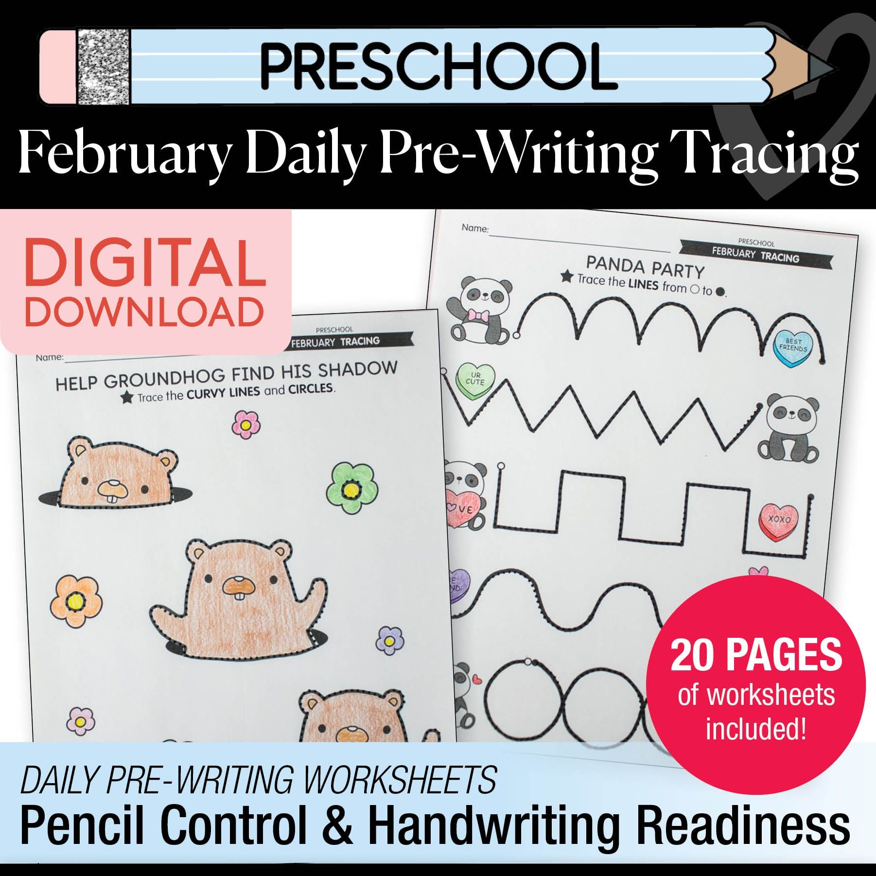 Printable Preschool February Daily Pre-Writing Tracing