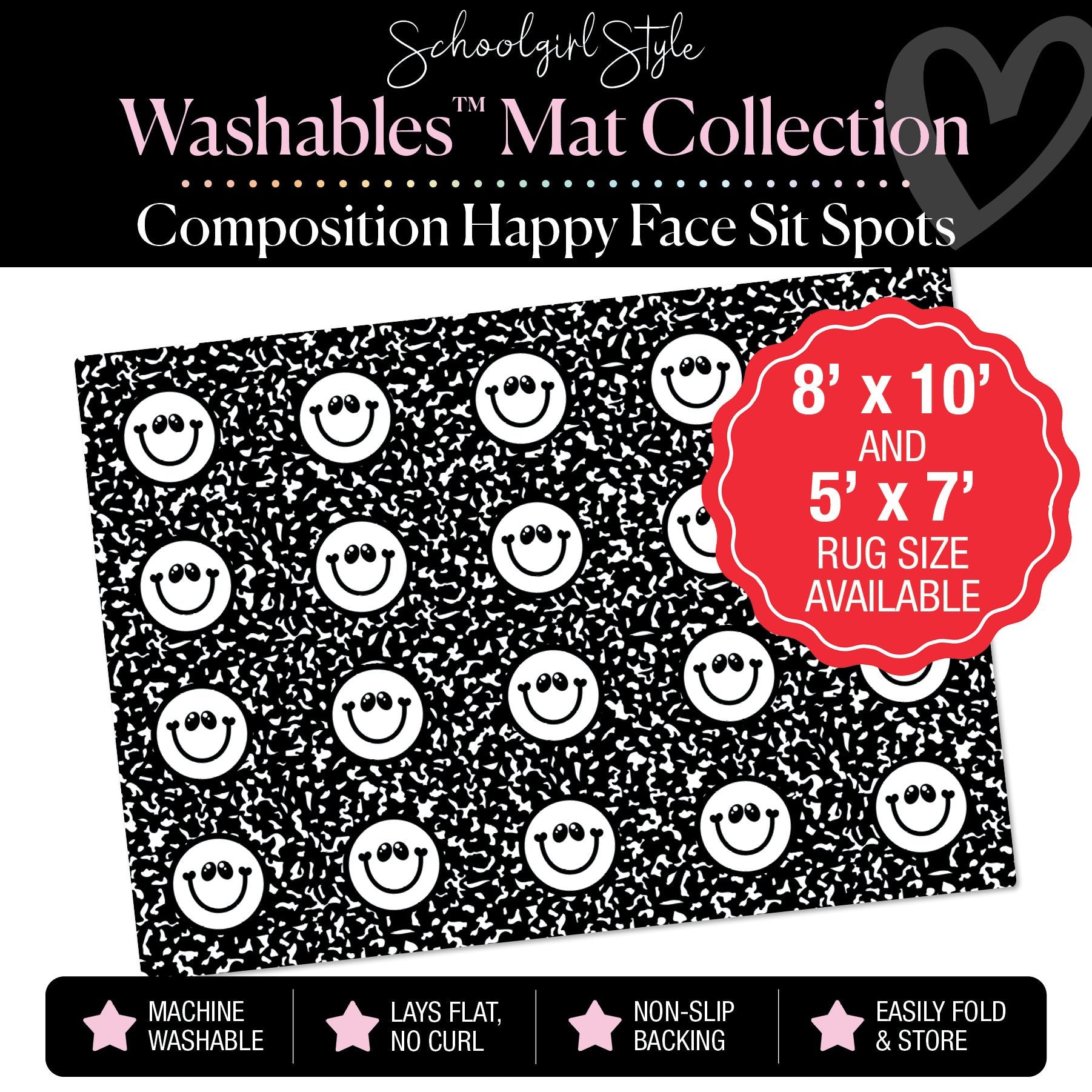 Black and White Happy Faces Sit Spot on Composition Classroom Mat by Schoolgirl Style