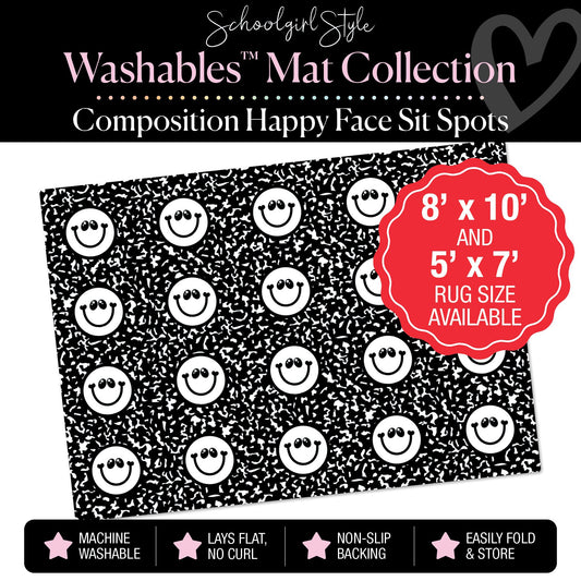 Black and White Happy Faces Sit Spot on Composition Classroom Mat by Schoolgirl Style