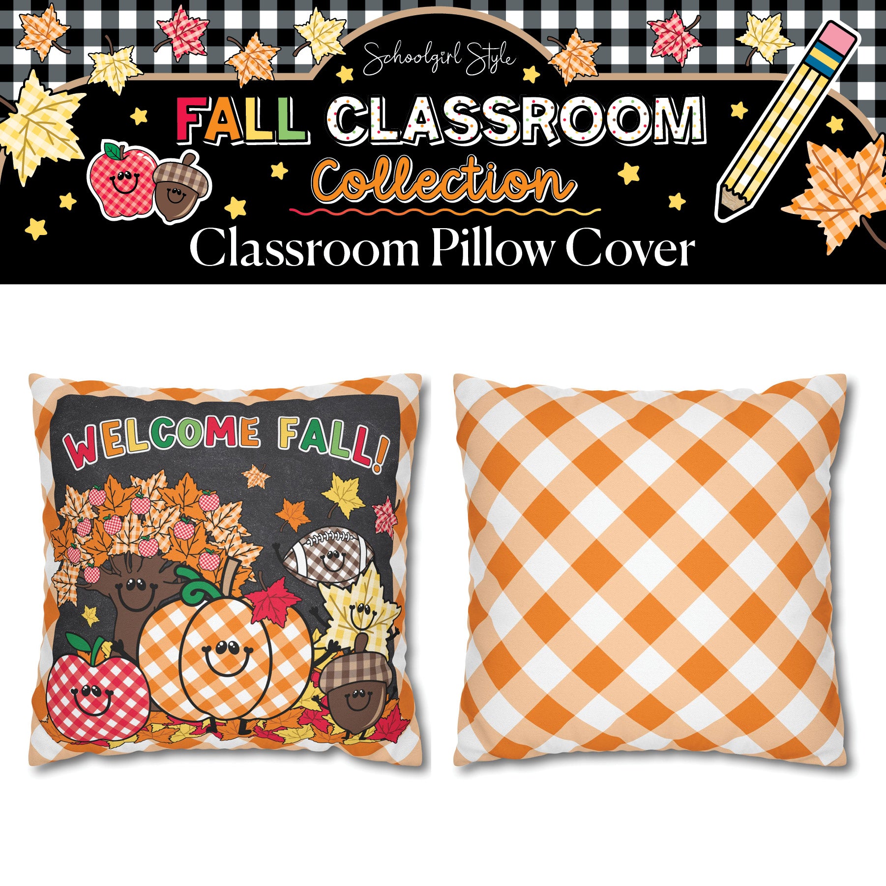 Welcome Fall Orange Gingham Classroom Pillow Cover | 90s Teacher