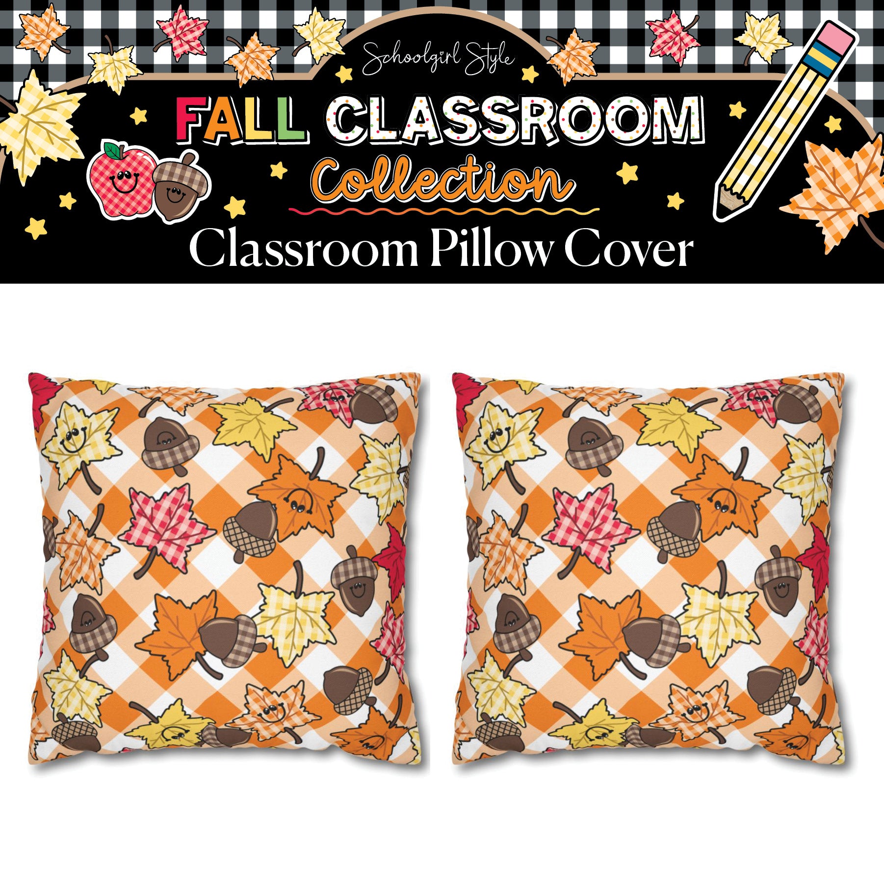 Happy Harvest Leaves & Acorns Orange Gingham Classroom Pillow Cover | 90s Teacher