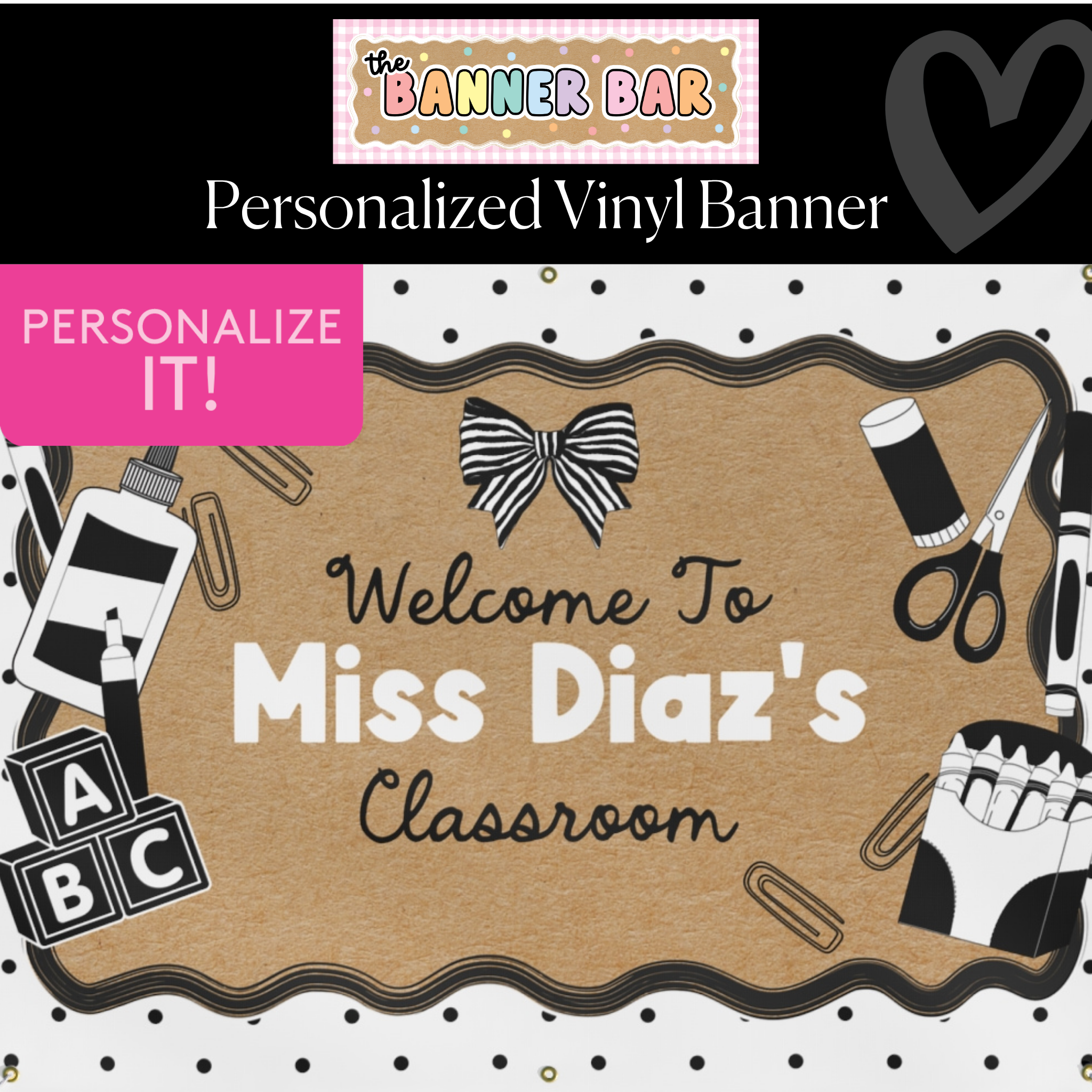 Pretty in Black & White Personalized Banner | Banner Bar
