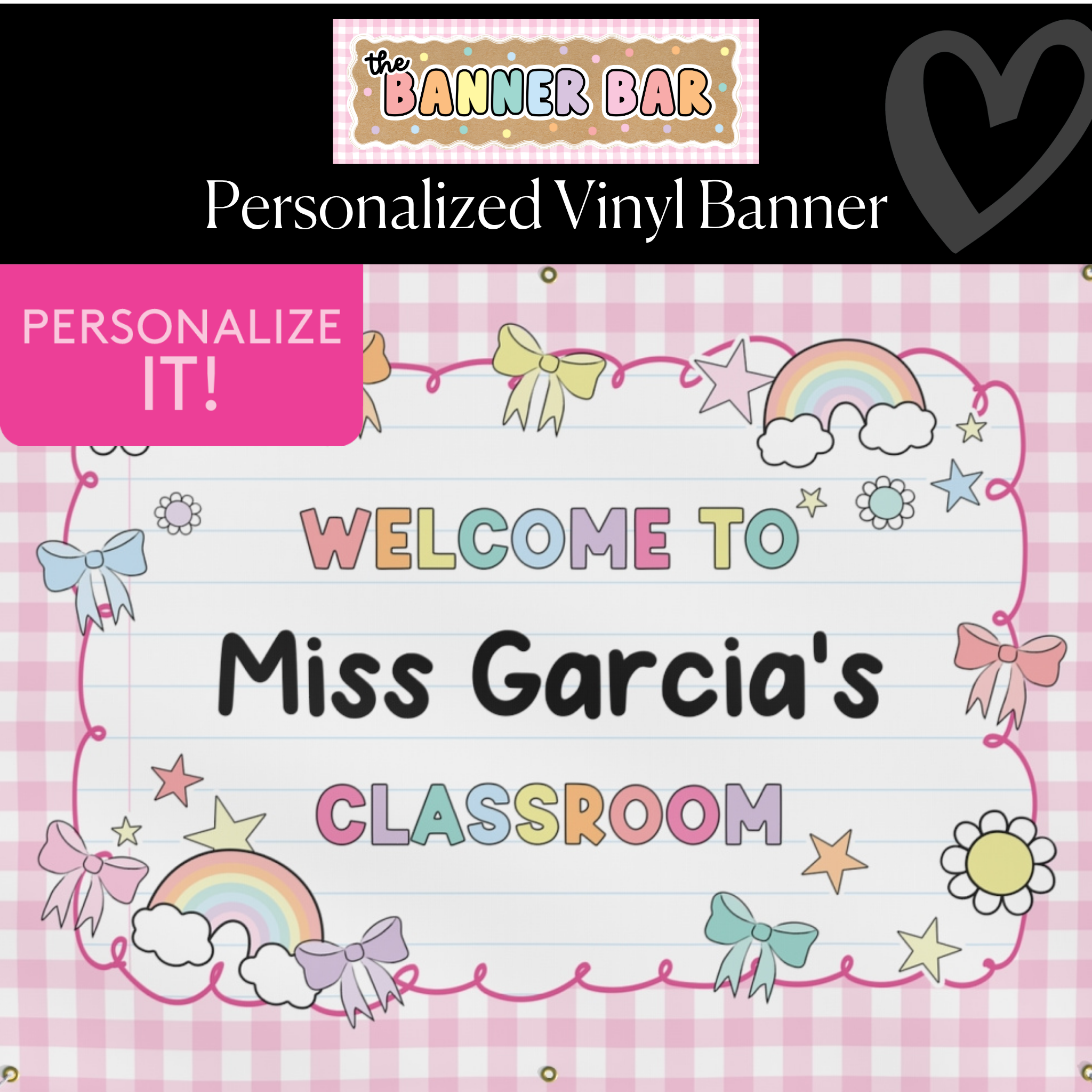 Sticker Book Pink Gingham Personalized Classroom Banner | Banner Bar