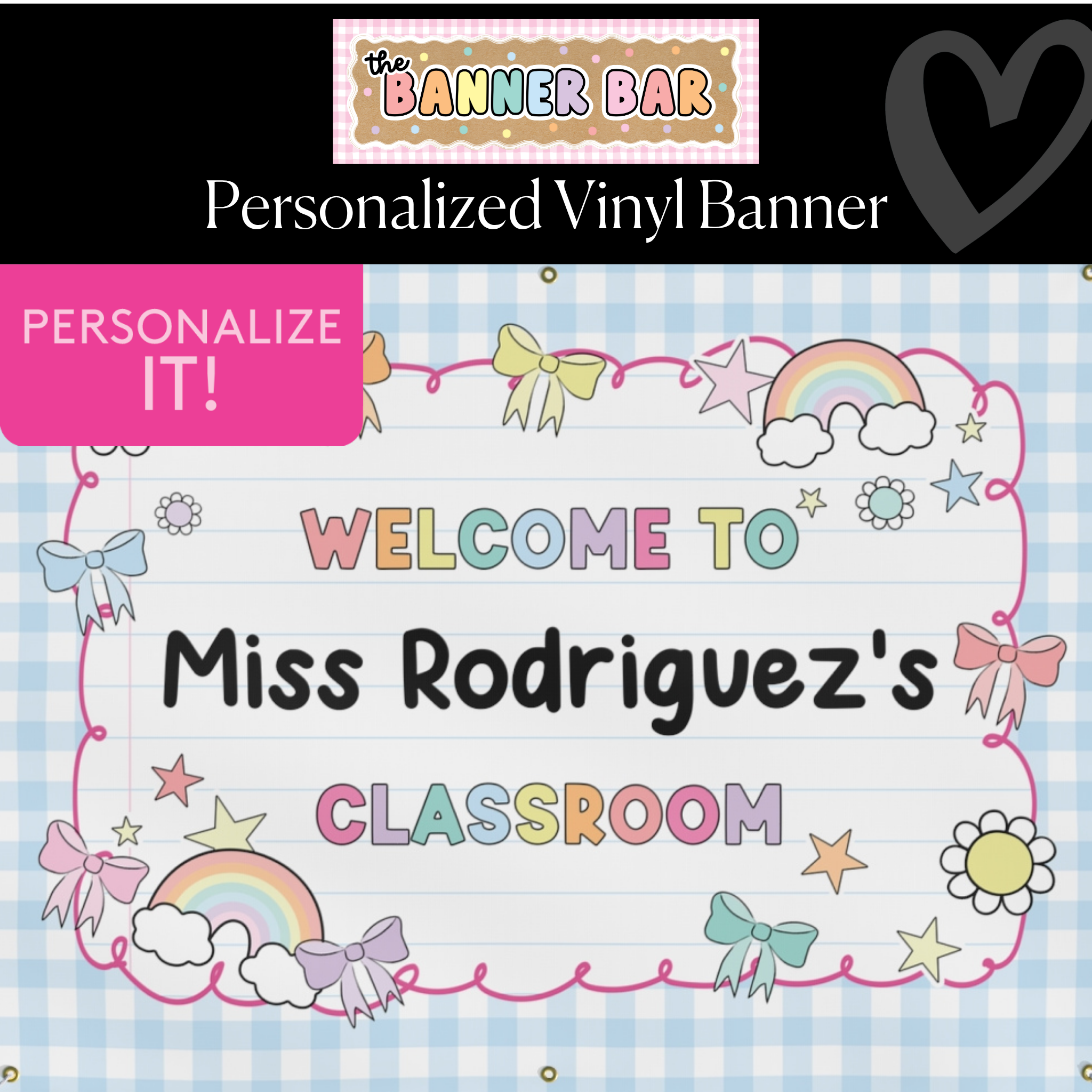 Sticker Book Blue Gingham Personalized Classroom Banner | Banner Bar