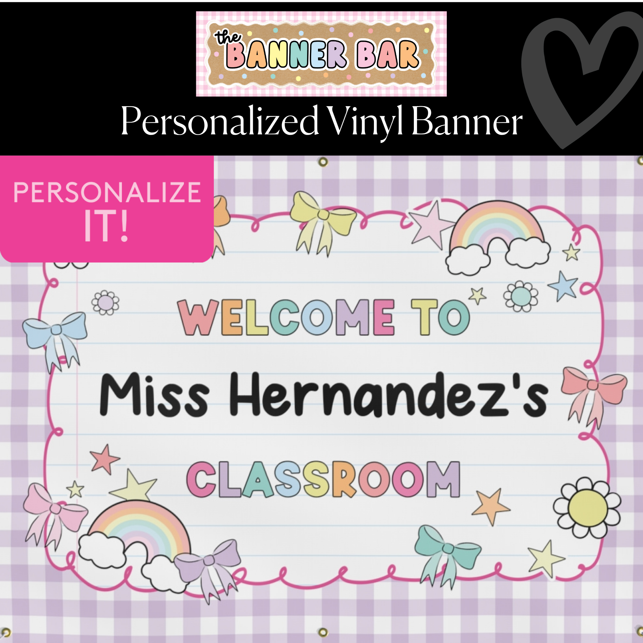 Sticker Book Lavender Gingham Personalized Classroom Banner | Banner Bar