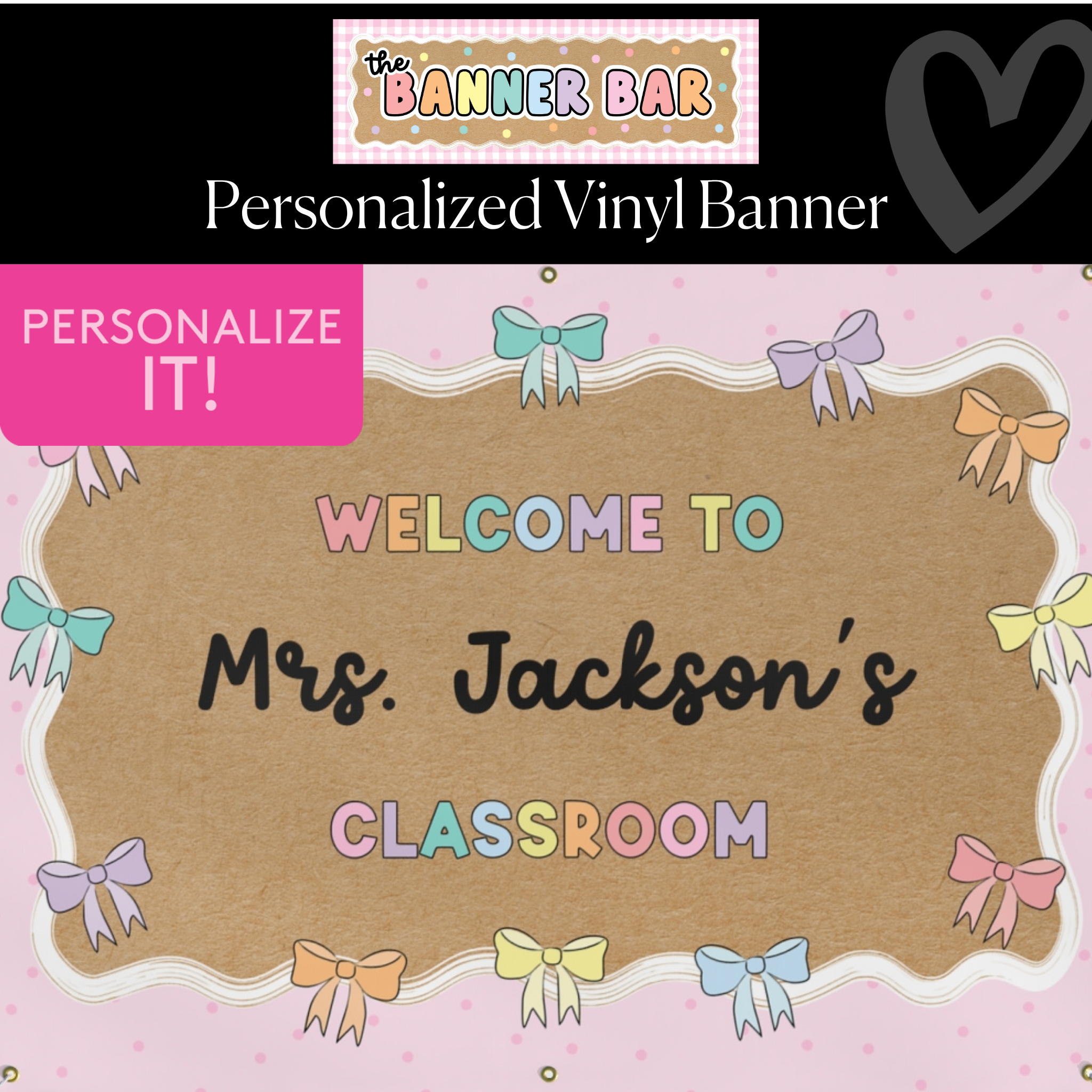 Pastel Pink Bow Personalized Classroom Banner | Banner Bar