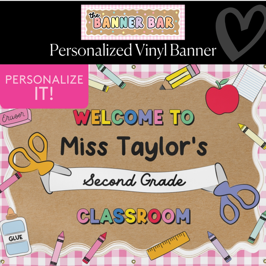 Pink Gingham School Supplies Personalized Classroom Banner | Banner Bar