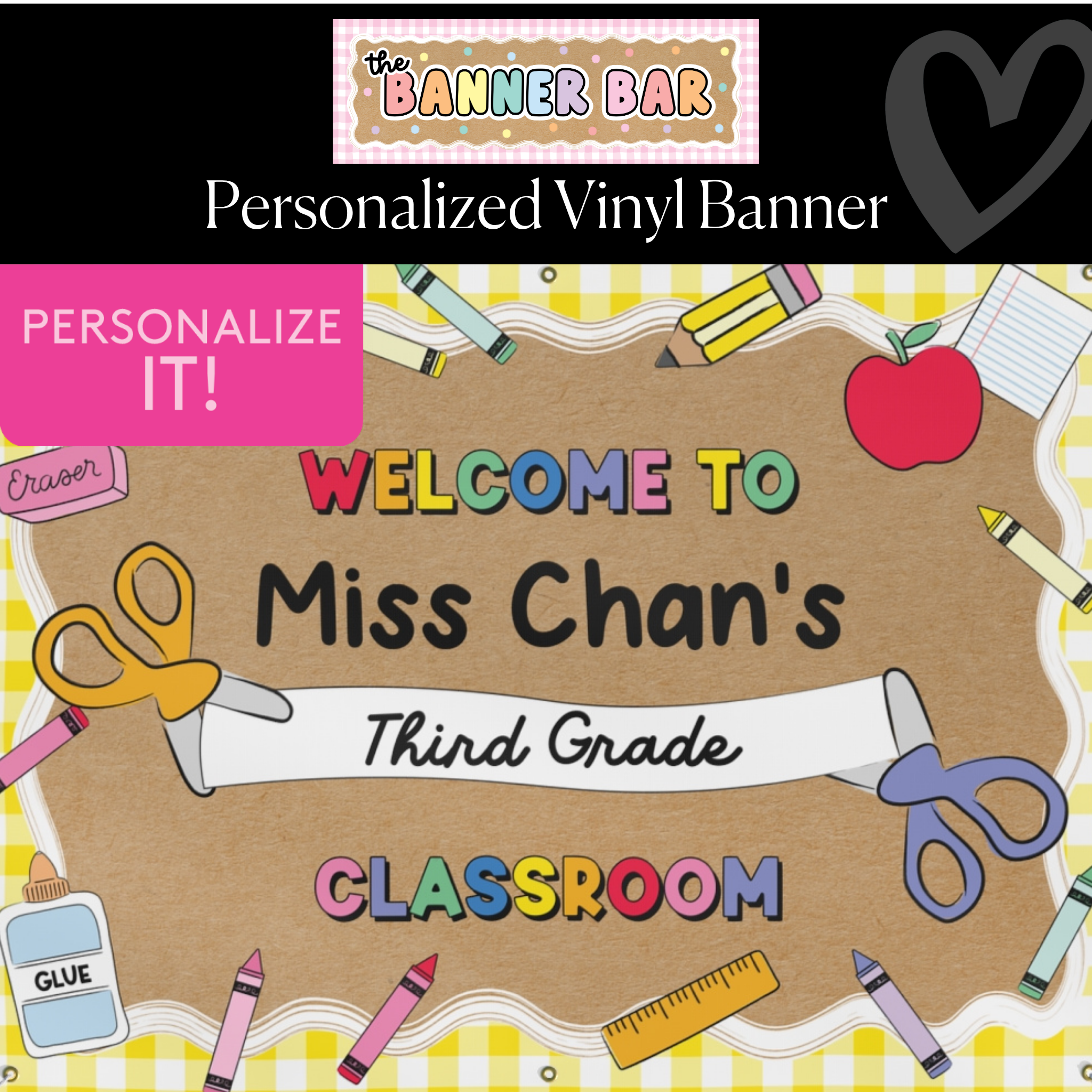 Yellow Gingham School Supplies Personalized Classroom Banner | Banner Bar