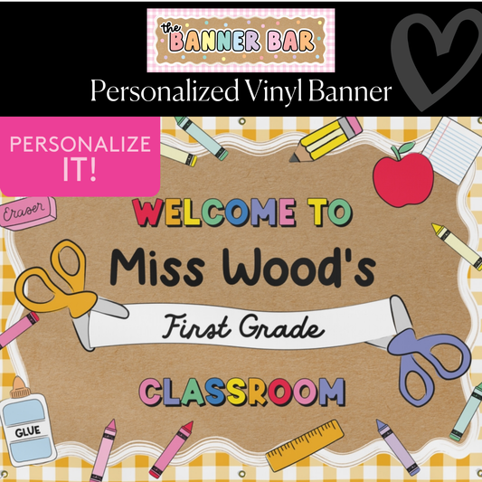Orange Gingham School Supplies Personalized Classroom Banner | Banner Bar