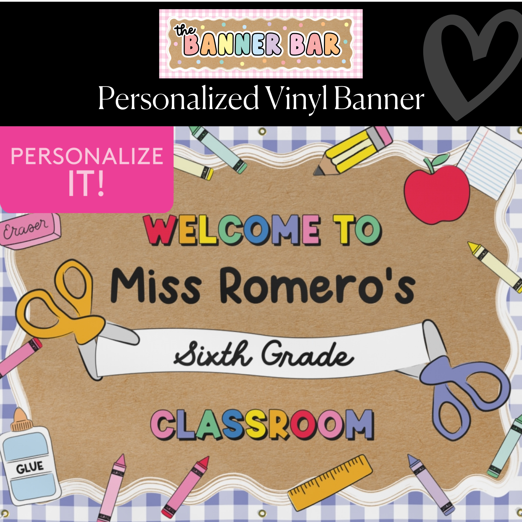 Blue Gingham School Supplies Personalized Classroom Banner | Banner Bar
