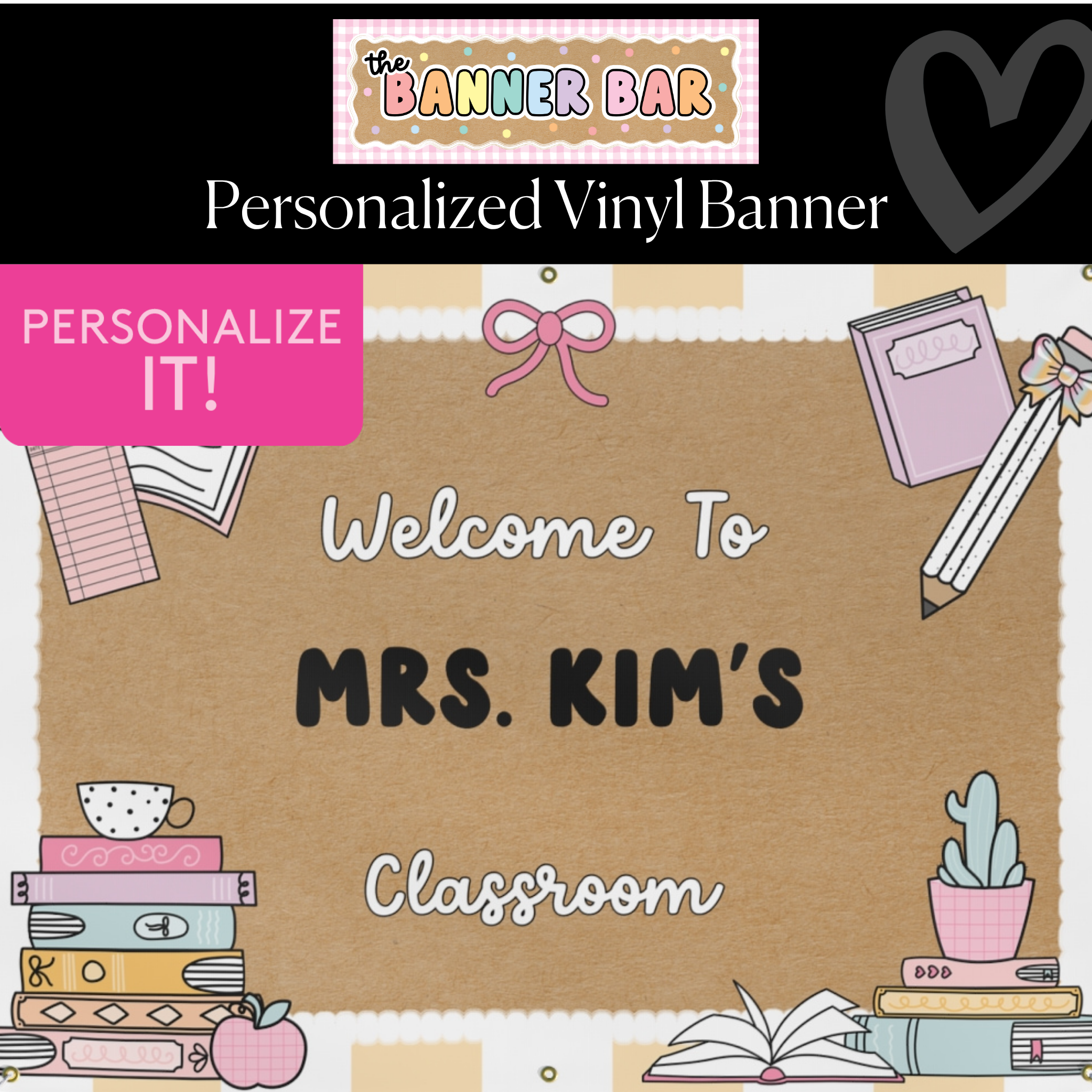 Pastel Pages & Yellow Stripes Personalized Classroom Banner | Banner Bar
