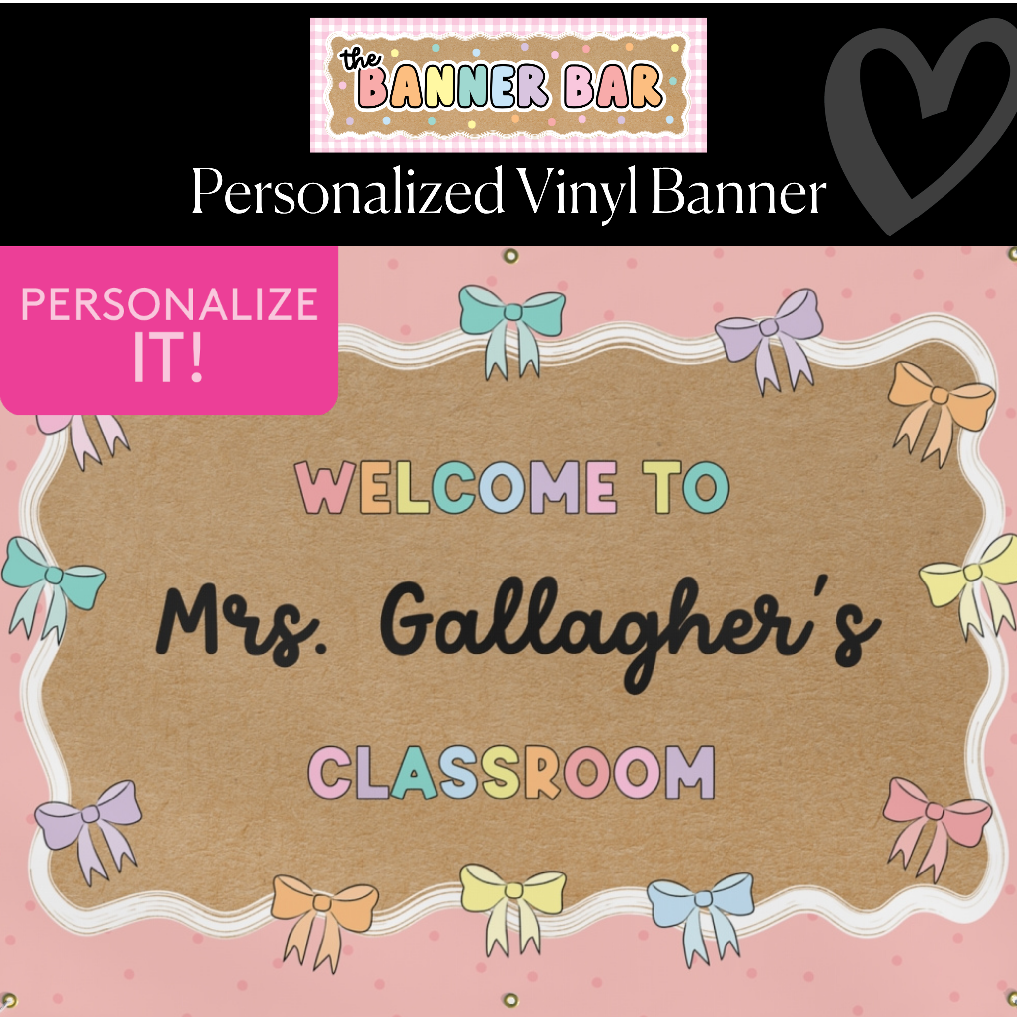 Pastel Pink Bows and Dots Personalized Classroom Banner | Banner Bar