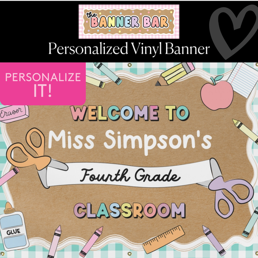 Scissors & School Supplies Pastel Mint Gingham Personalized Banner | Banner Bar