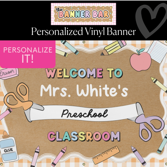 Scissors & School Supplies Pastel Orange Gingham Personalized Banner | Banner Bar