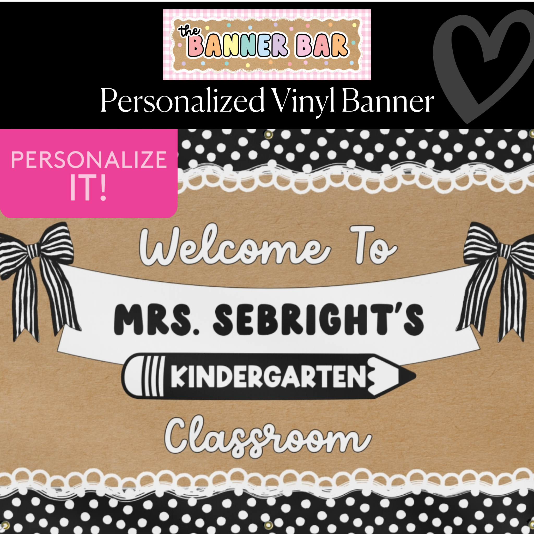 Black & White Personalized Teacher Name Bow Banner | Banner Bar