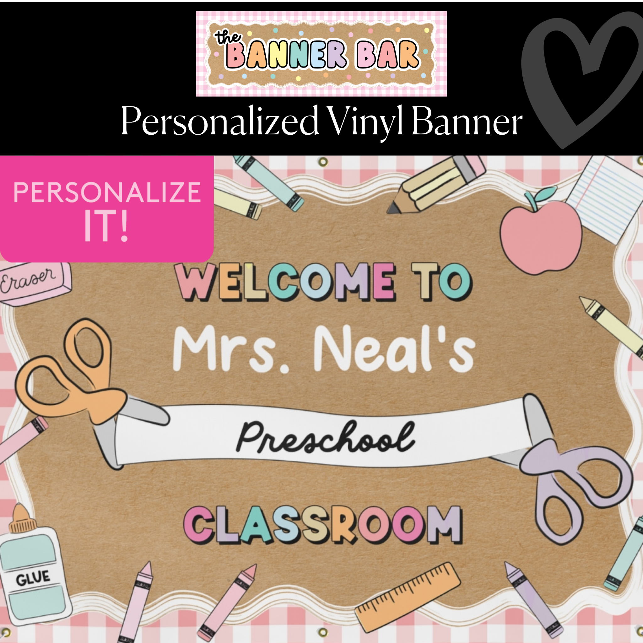 Scissors & School Supplies Pastel Pink Carnation Gingham Personalized Banner | Banner Bar