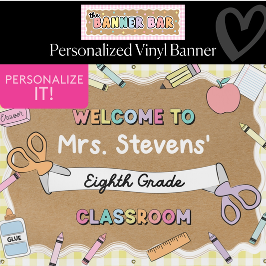Scissors & School Supplies Pastel Yellow Gingham Personalized Banner | Banner Bar