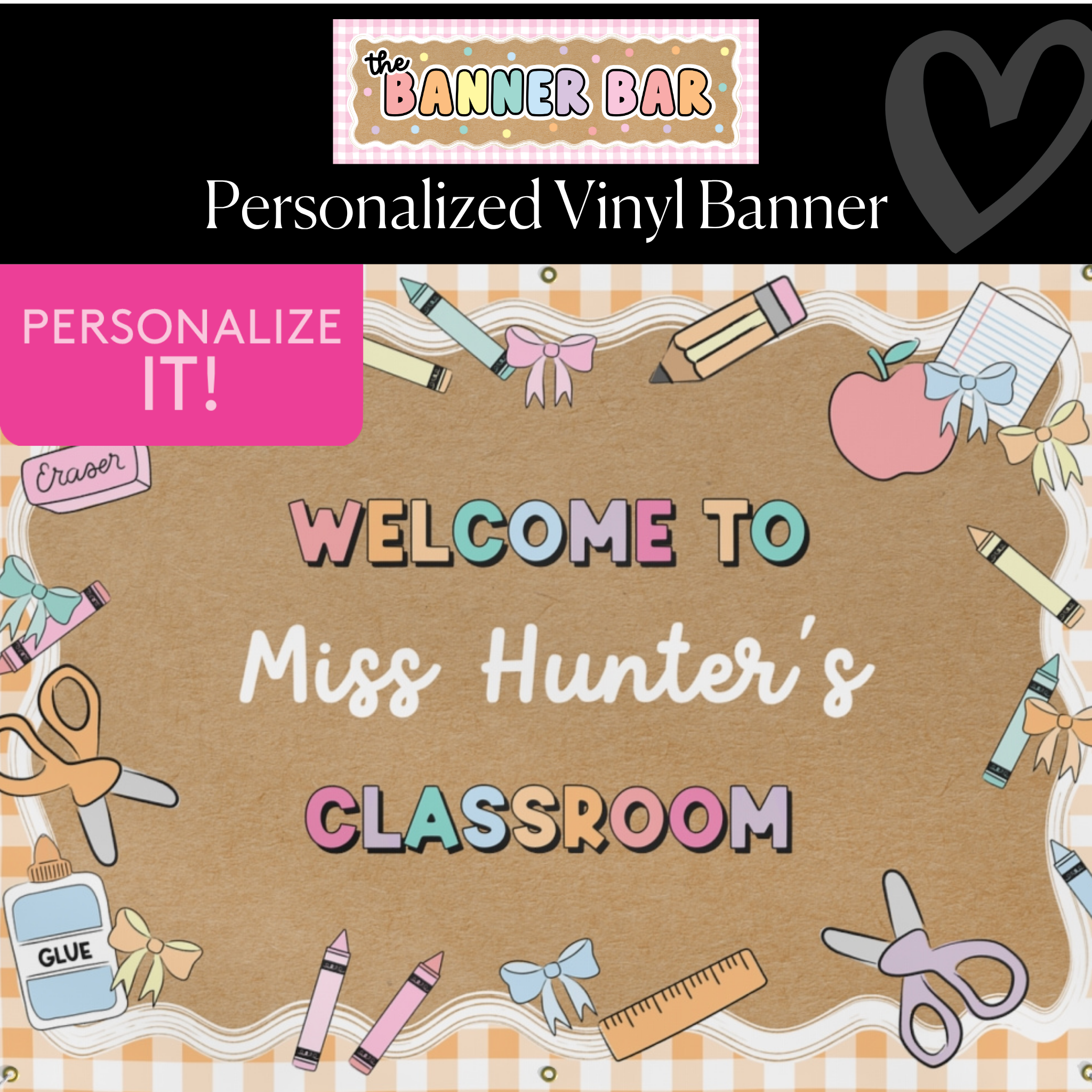 Pastel Orange Gingham School Supplies Personalized Banner | Banner Bar