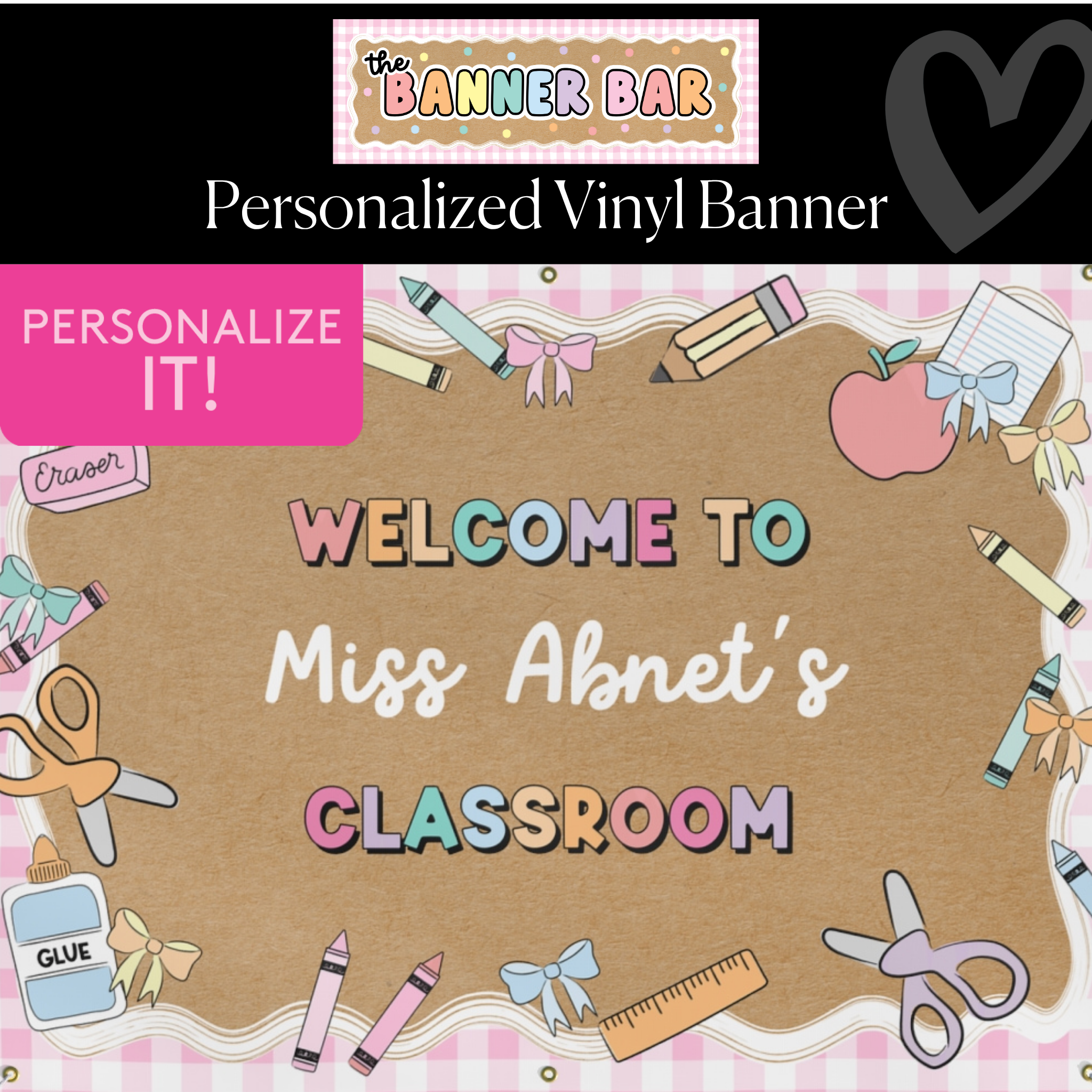 Pastel Pink Gingham School Supplies Personalized Banner | Banner Bar