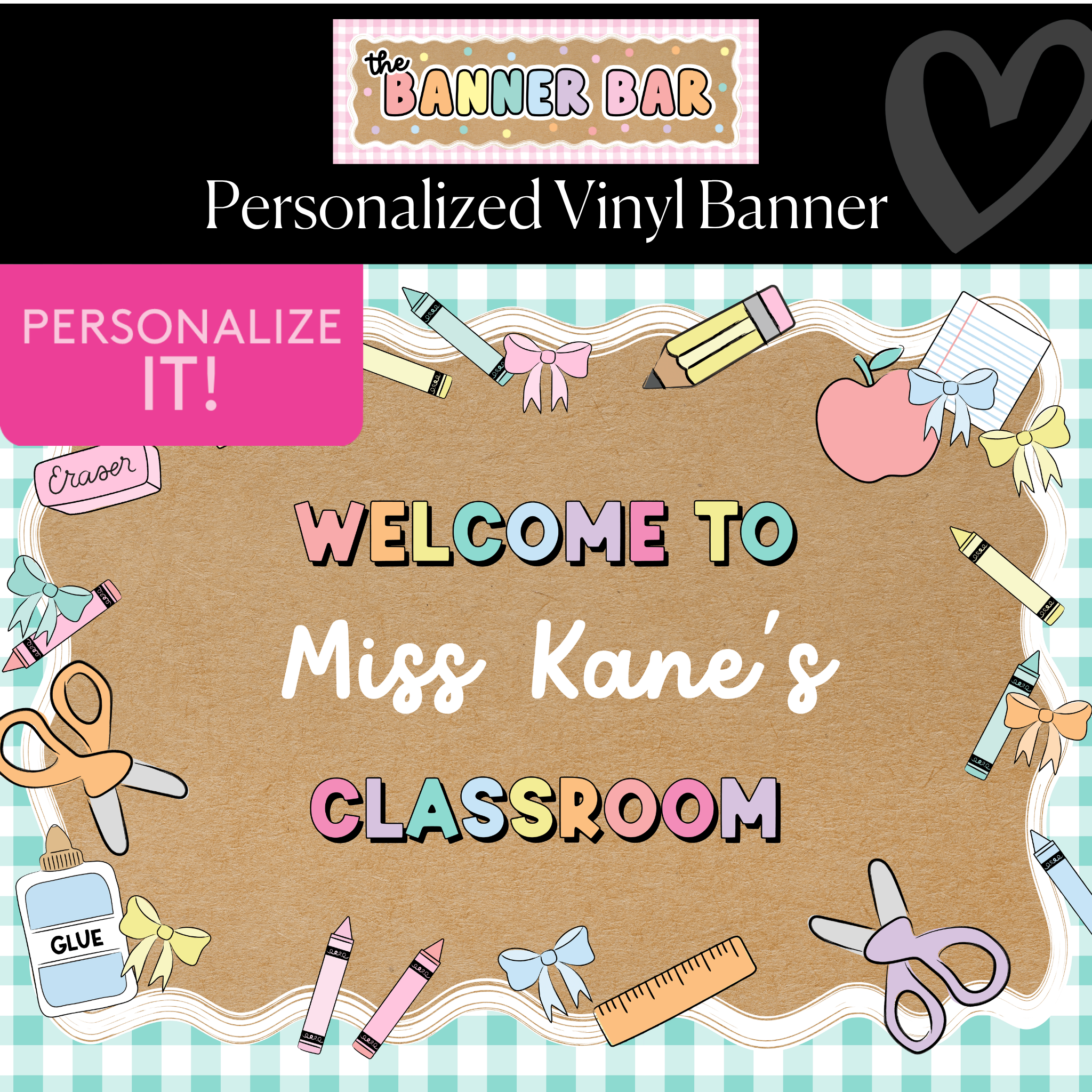 Pastel Mint Gingham School Supplies Personalized Banner | Banner Bar