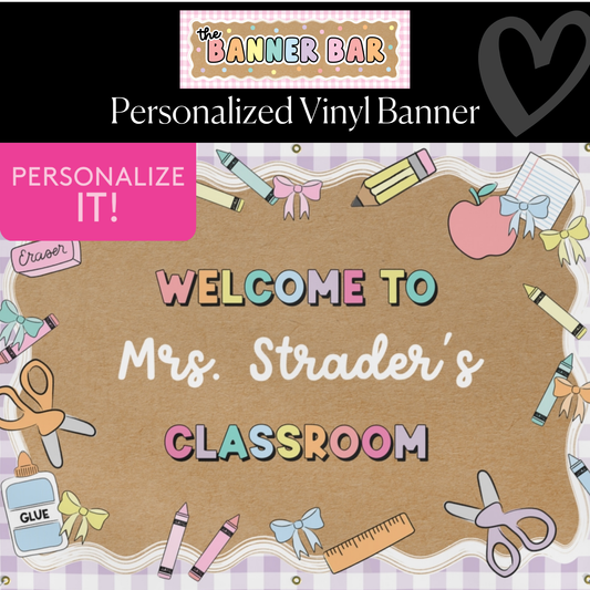 Pastel Lavender Gingham School Supplies Personalized Banner | Banner Bar