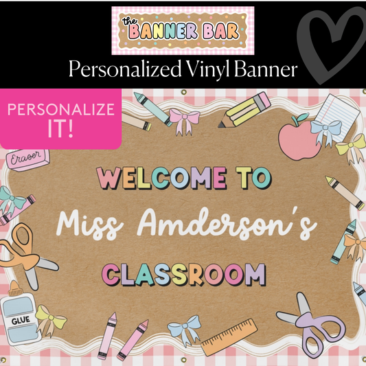 Carnation Pink Gingham Pastel School Supplies Personalized Banner | Banner Bar