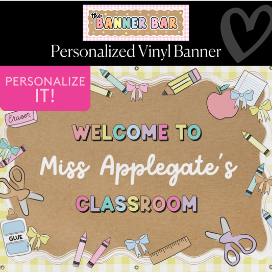 Pastel Yellow Gingham School Supplies Personalized Banner | Banner Bar