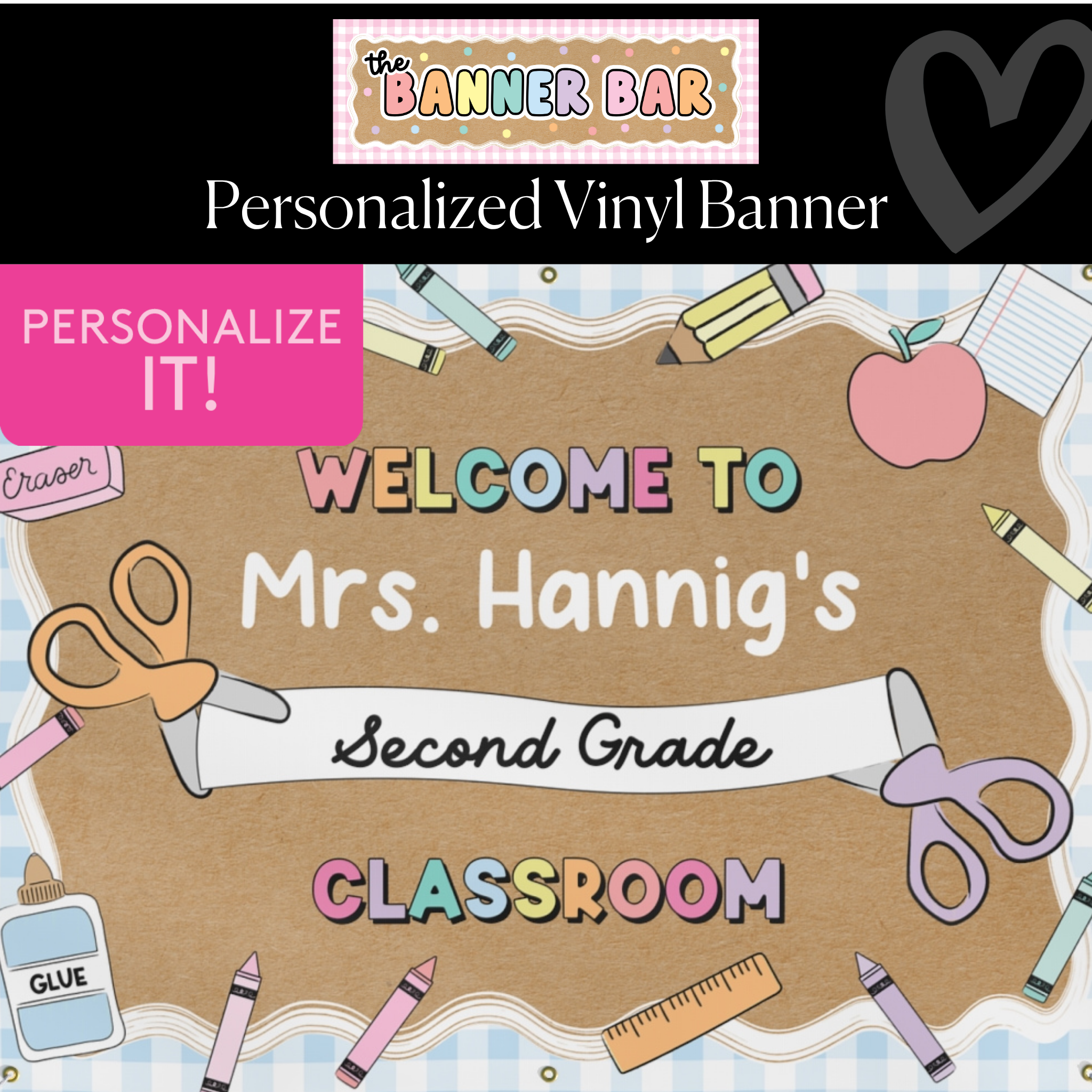 Scissors & School Supplies Pastel Blue Gingham Personalized Banner | Banner Bar