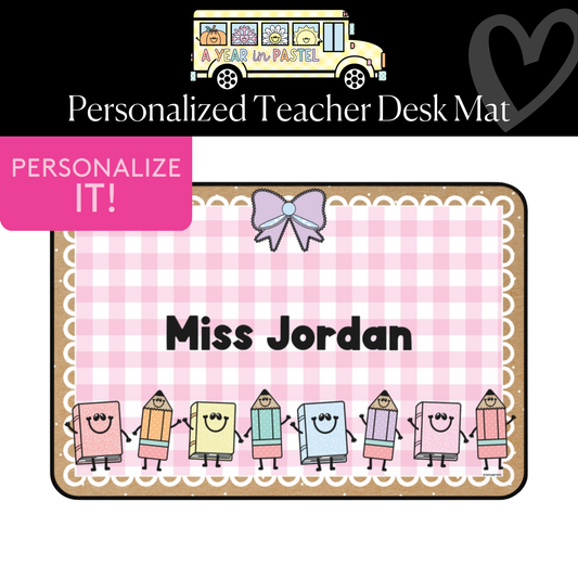 School Supply Friends Pink Gingham Personalized Desk Mat | A Year In Pastel