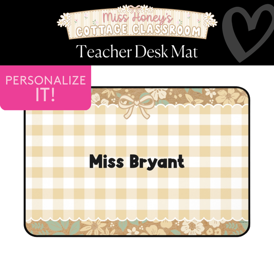 Yellow Gingham Floral Personalized Desk Mat | Miss Honey's Cottage Classroom