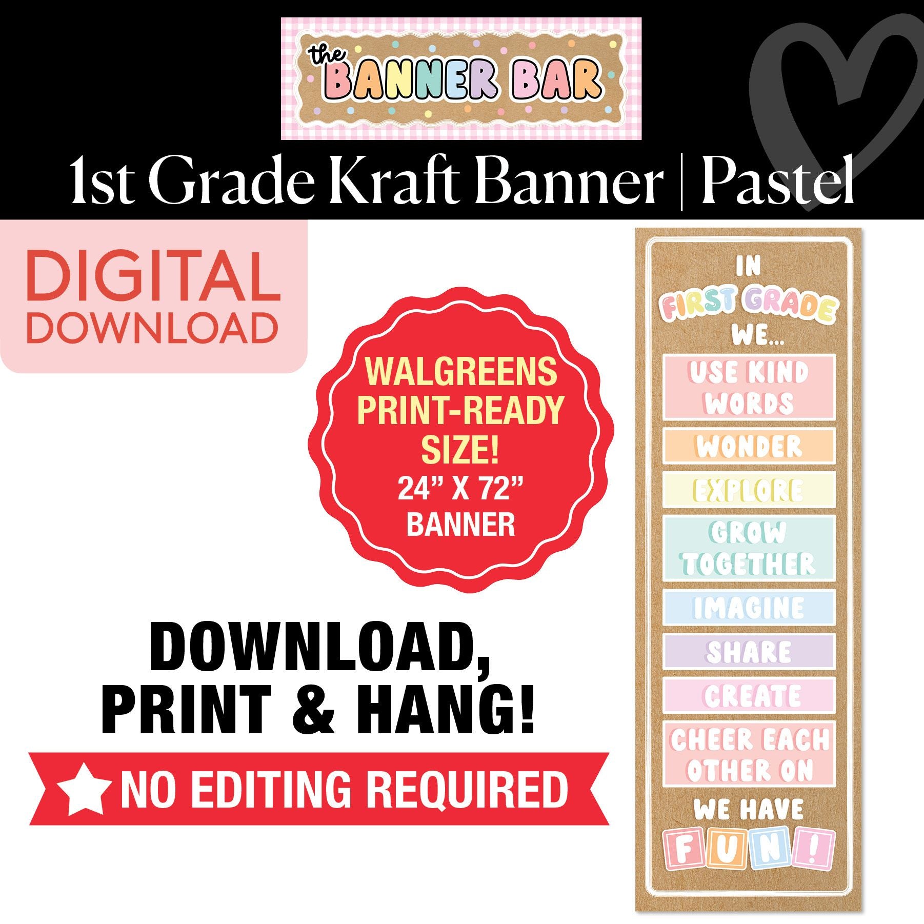 First Grade Pastel Shapes Walgreens Ready Kraft Style Vertical Banner