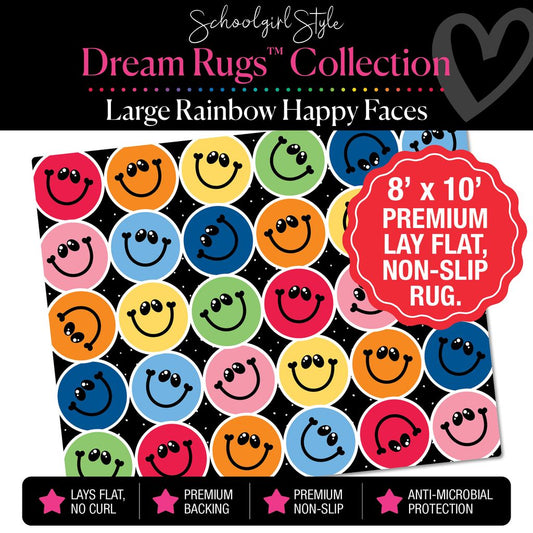 Large Scattered Rainbow Happy Faces Classroom Rug by Schoolgirl Style