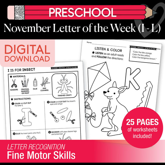 Printable Preschool November Letter of the Week (I-L)