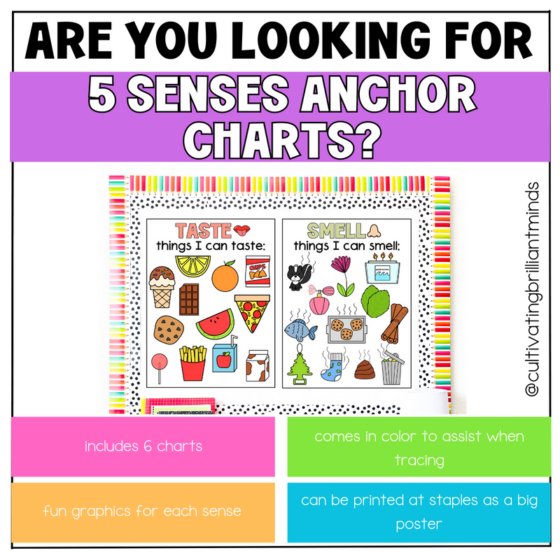 5 Senses Anchor Charts | Kindergarten Anchor Charts, First Grade | Science