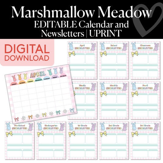 Printable Spring Editable Calendar and Newsletters | Marshmallow Meadow
