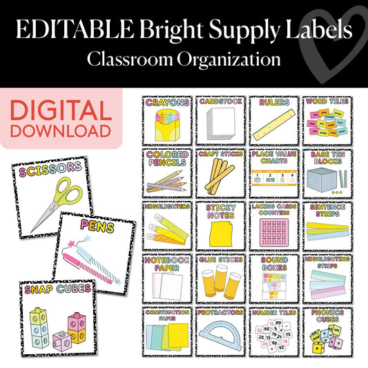Printable Editable Bright Classroom Supply Labels