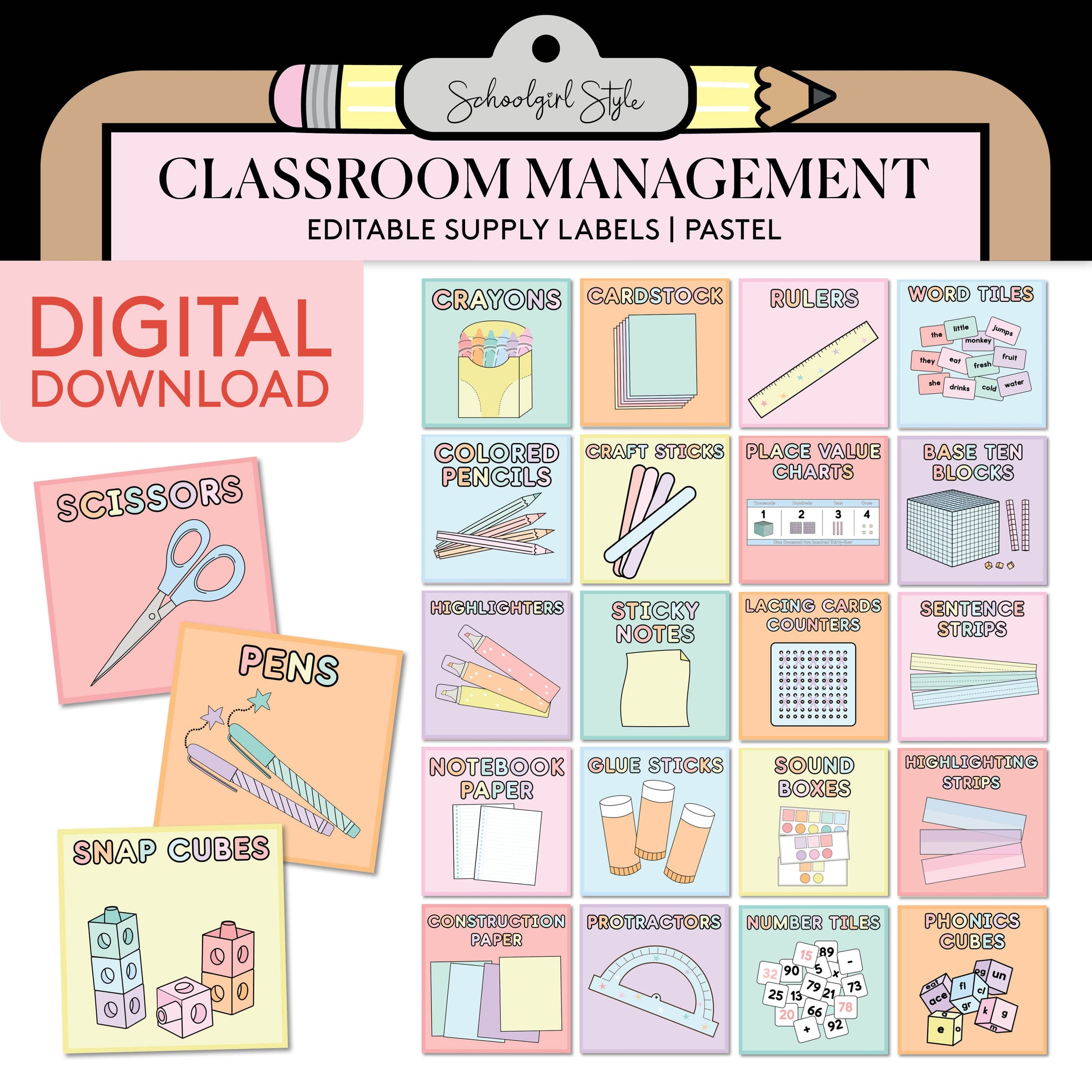 Printable Editable Pastel Classroom Supply Labels