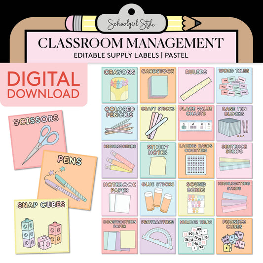 Printable Editable Pastel Classroom Supply Labels