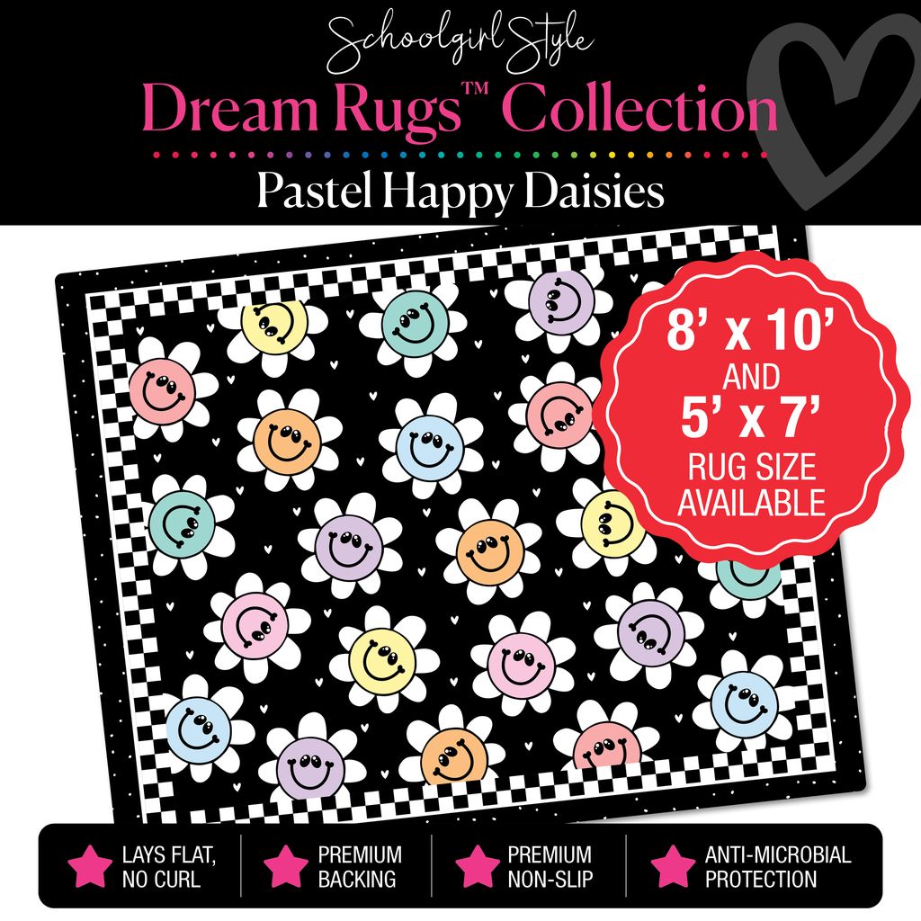 Happy Pastel Daisies with Checkerboard Border Classroom Rug by Schoolgirl Style