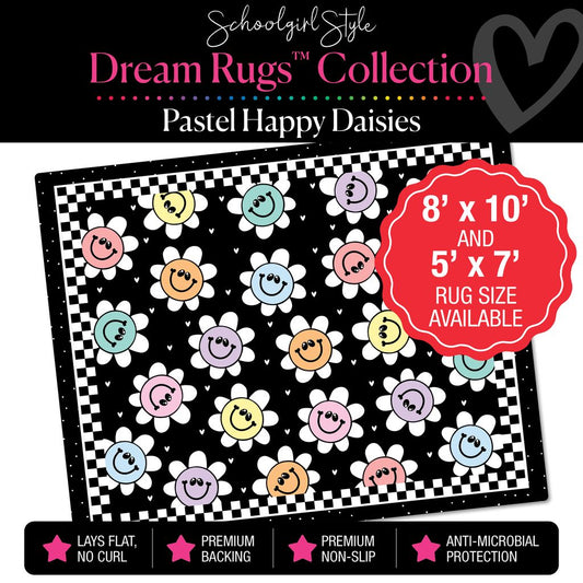 Happy Pastel Daisies with Checkerboard Border Classroom Rug by Schoolgirl Style