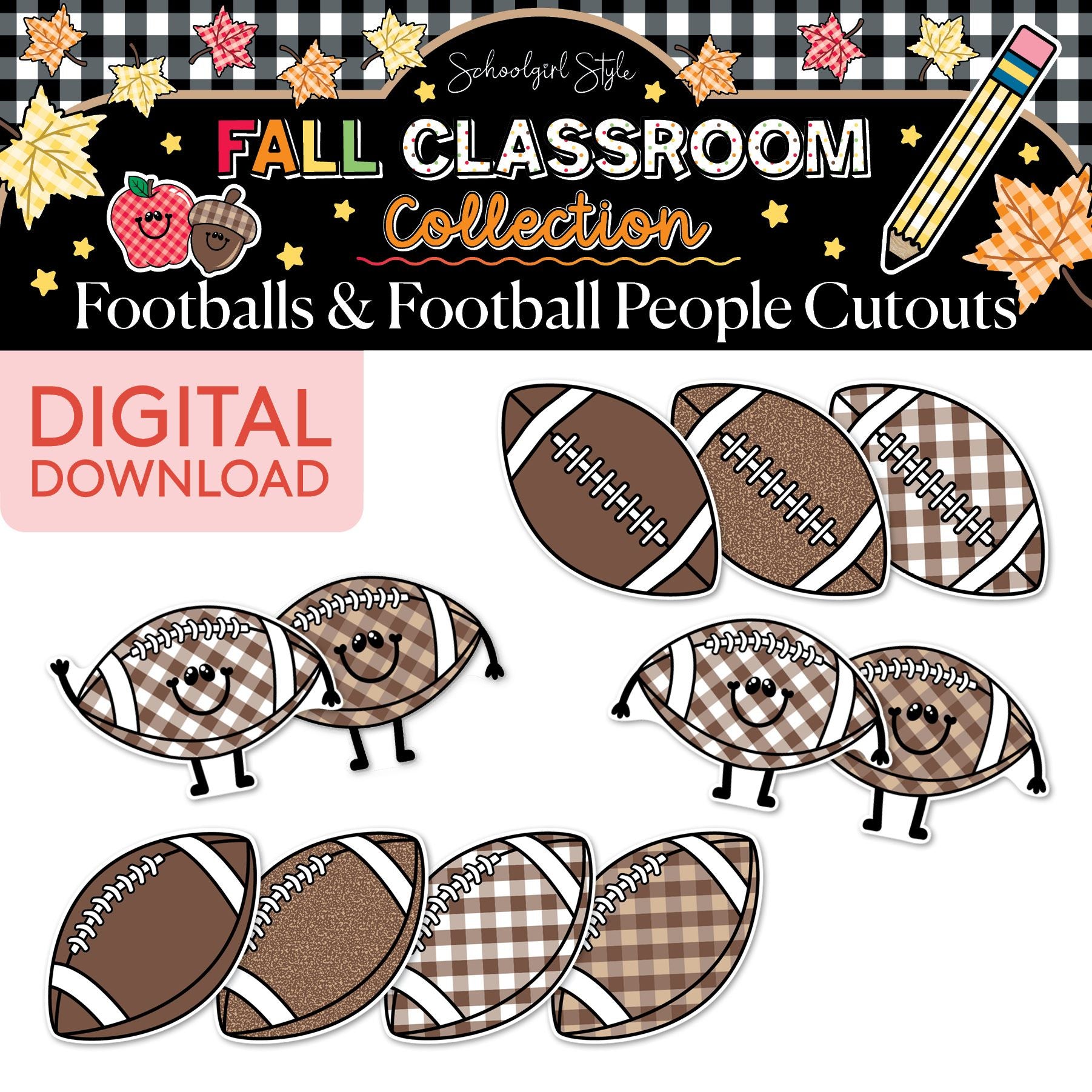 Printable Fall Footballs and Football People Cutouts | 90s Teacher