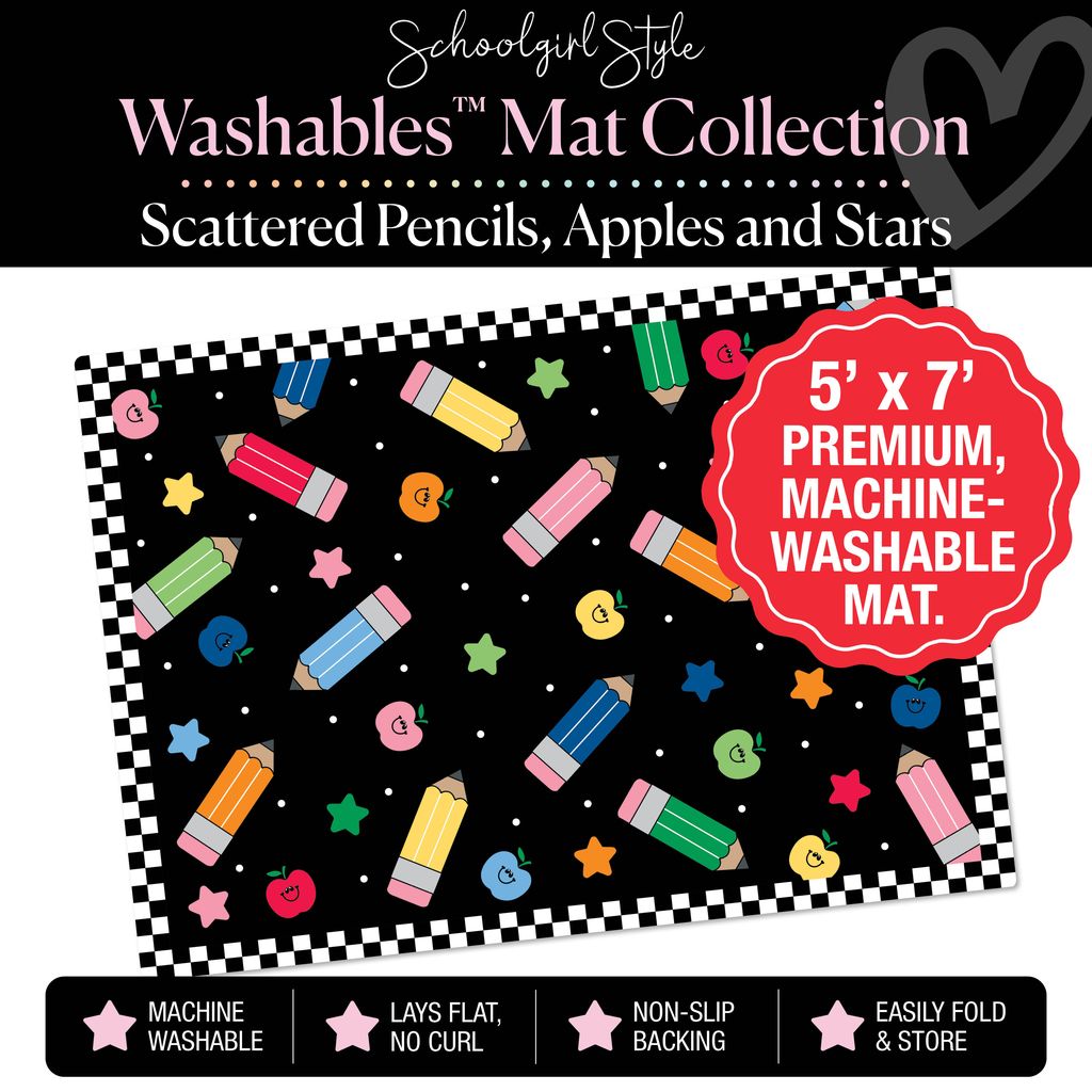 Scattered Pencils, Happy Apples and Rainbow Stars with Checkerboard Border Classroom Mat by Schoolgirl Style