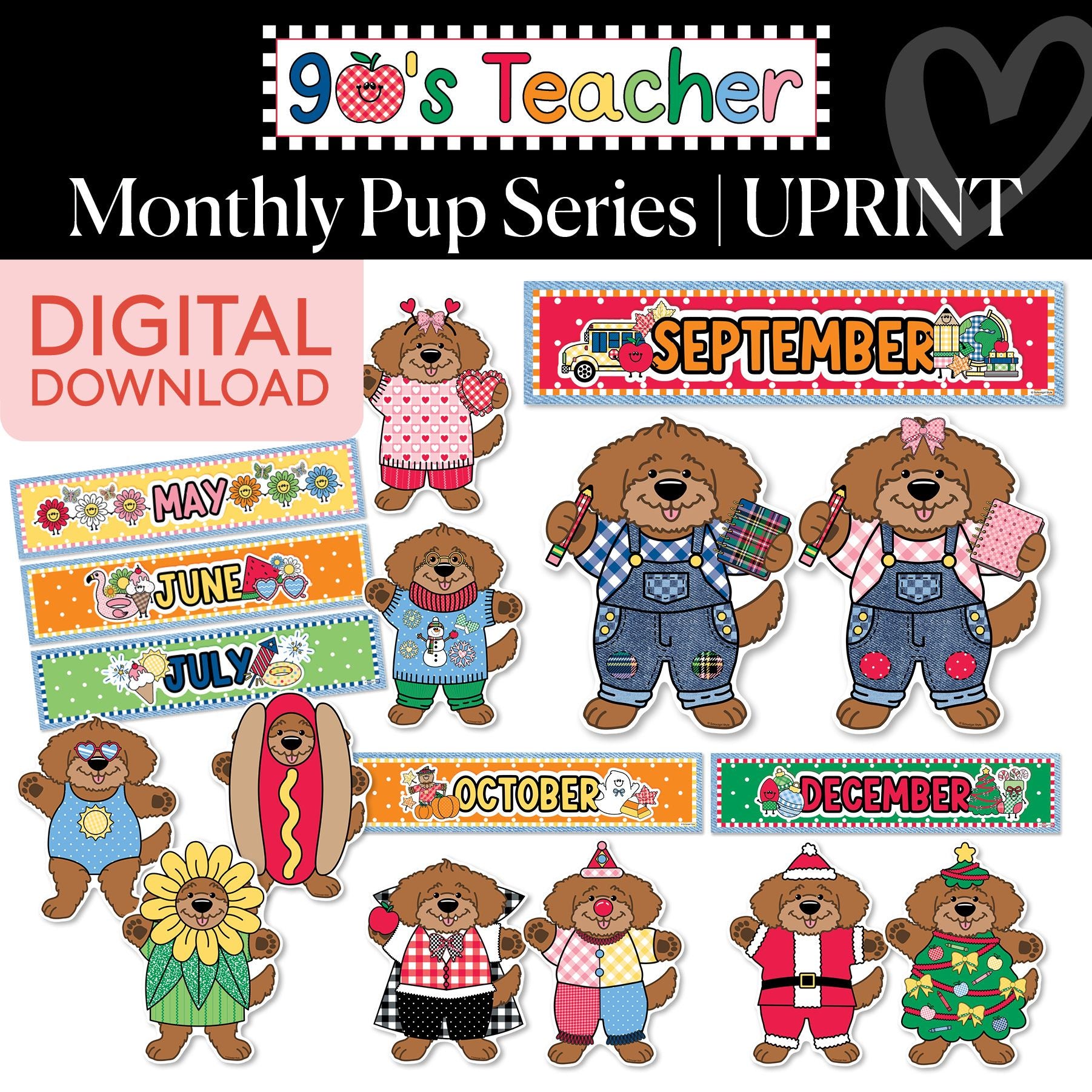 Printable Retro Monthly Pup Series | 90s Teacher