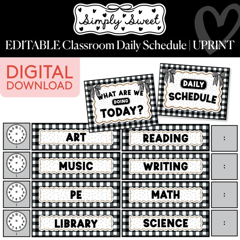 Printable Classic Black and White Editable Classroom Daily Schedule | Simply Sweet