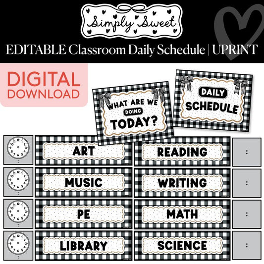 Printable Classic Black and White Editable Classroom Daily Schedule | Simply Sweet