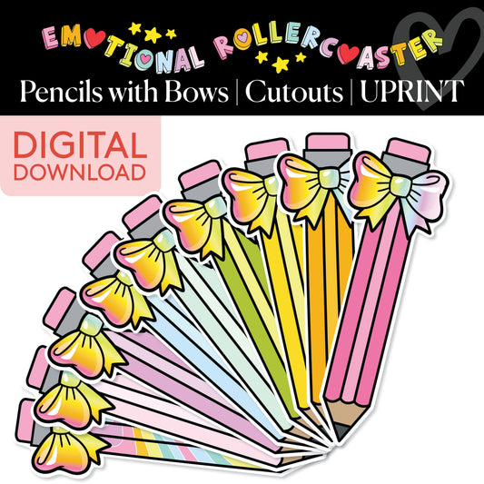 Printable Rainbow Pastel Pencils with Bows Bulletin Board Cutouts | Emotional Rollercoaster