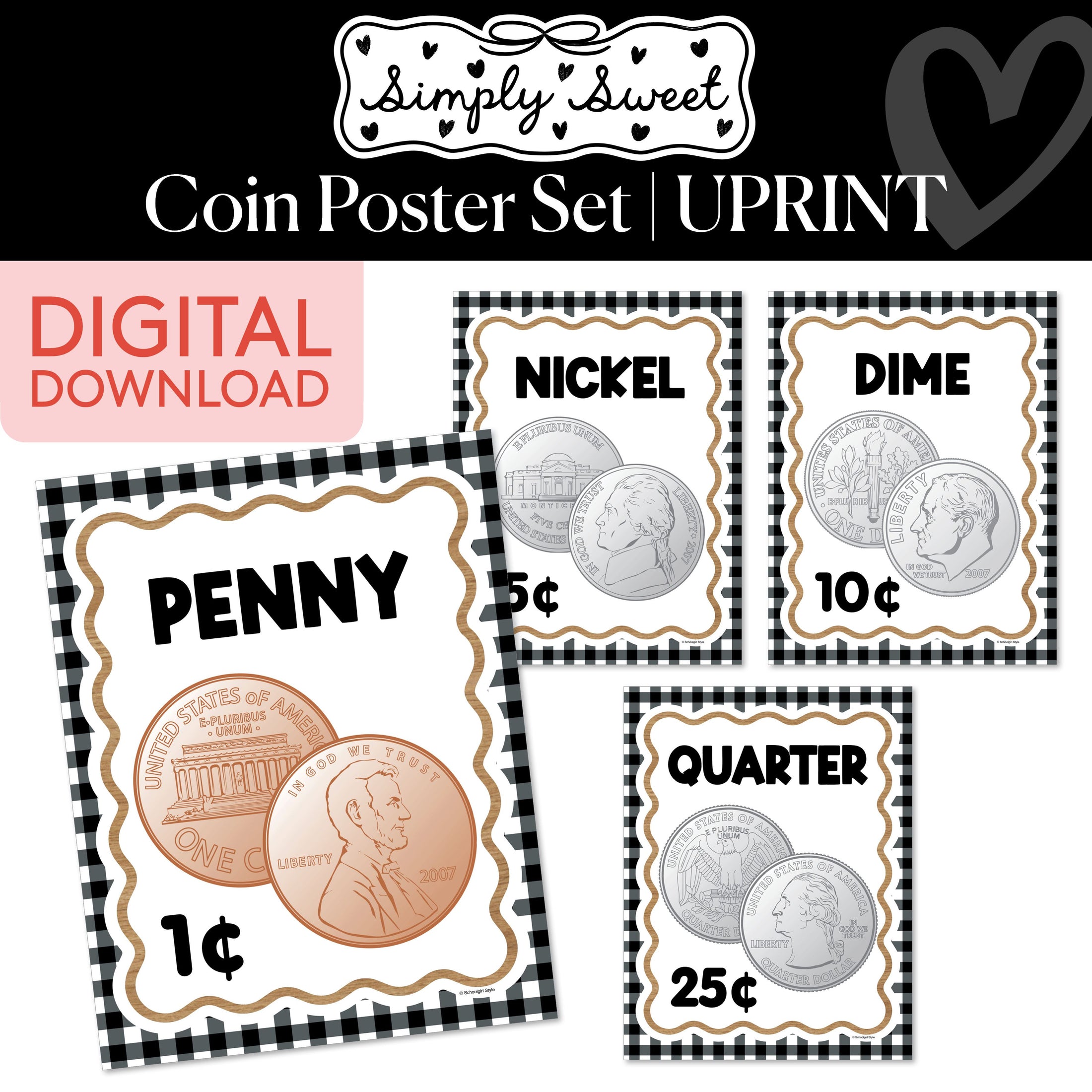 Printable Classic Black and White Coin Poster Set | Simply Sweet