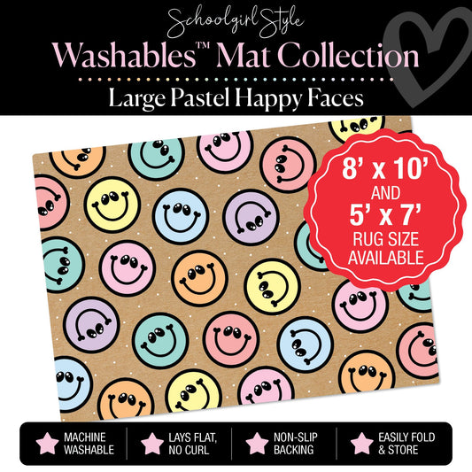 Large Scattered Pastel Happy Faces on Banner Background Classroom Mat by Schoolgirl Style