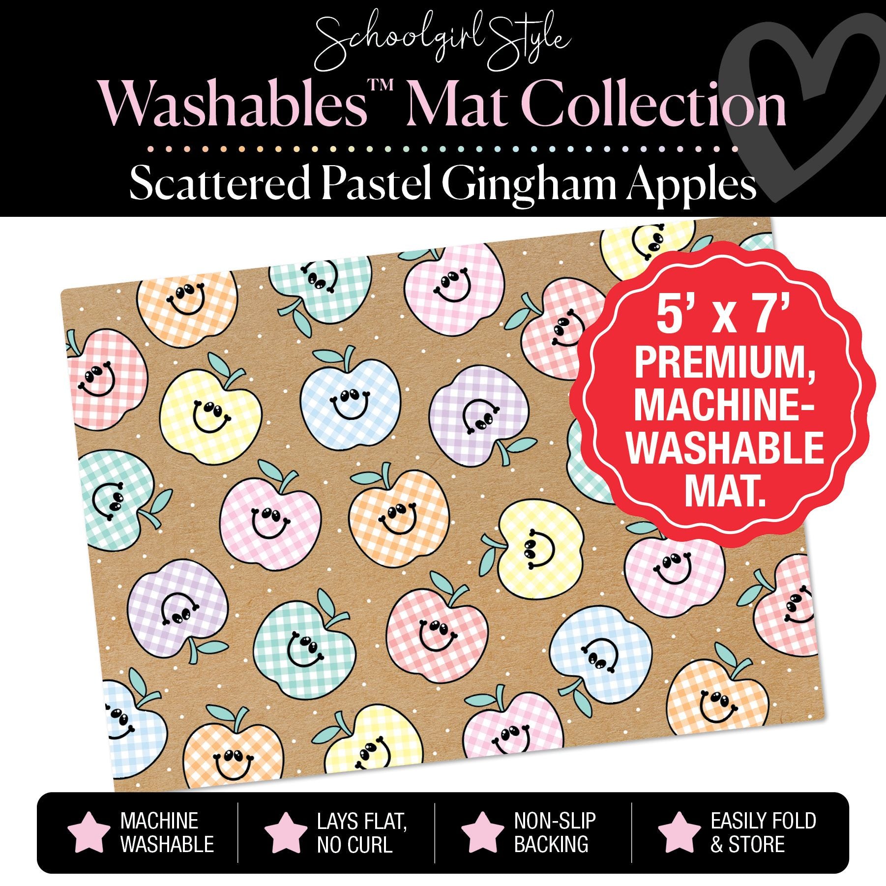 Scattered Pastel Gingham Apples on Banner Backdrop Classroom Mat by Schoolgirl Style